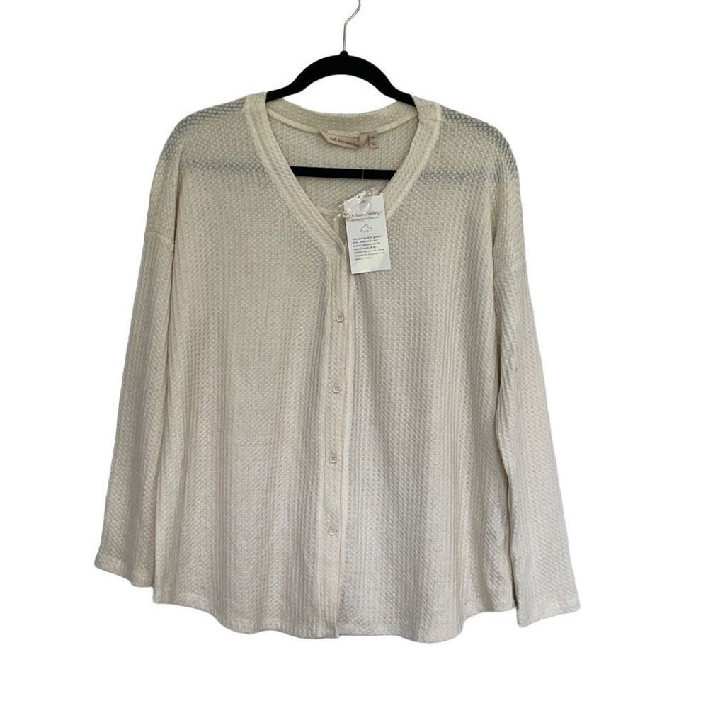 Soft Surroundings Ivory Cream Waffle Knit Long Sleeve Button Shirt Cardigan PL N